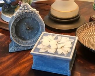 Vintage incolay stone dresser clock and trinket box