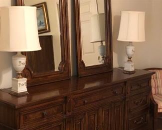 Drexel mahogany finish triple dresser with two mirrors