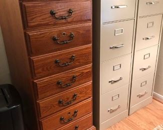Oak and metal file cabinets