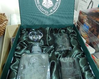  Burns Crystal of Scotland.  Small glass decanter and a pair of glasses, 