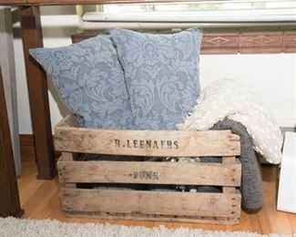 Rustic Wood Box, Crate and Barrel Down Filled Blue Pillows