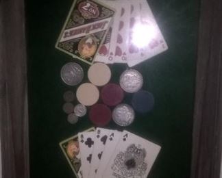 COLLAGE OF VINTAGE PLAYING CARDS; POKER CHIPS AND SILVER MONEY