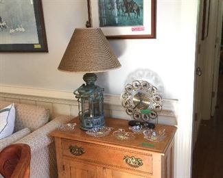 Oak Washstand - Pair Nautical Ship Lantern Lamps