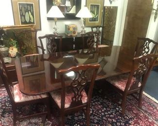 THOMASVILLE MAHOGANY CHIPPENDALE DINING SET 2 ARM AND 6 SIDE CHAIRS 2 LEAVES AND PADS CHAIRS COVER IN TOILE FABRIC