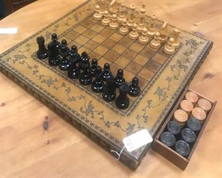 HAND TOOLED LEATHER GAME BOARD SET CHESS AND CHECKERS