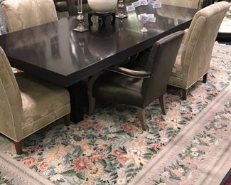 LARGE HAND KNOTTED AREA RUG SHOWN WITH 4 CUSTOM UPHOLSTRERED SIDE CHAIRS ALONG WITH 8 LEATHER SIDE CHAIRS
