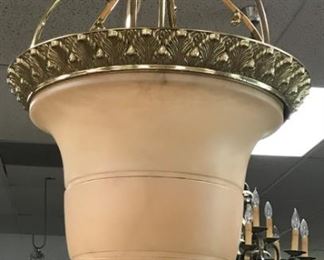 LARGE BRASS AND SWIRLED GLASS SHADE CHANDELIER