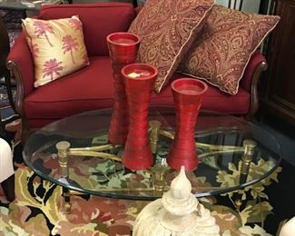 BRASS AND GLASS COFFEE TABLE SHOWN WITH CUSTOM FABRIC LOVE SEAT