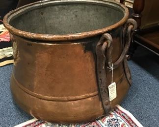 LARGE COPPER AND WROUGHT IRON KETTLE