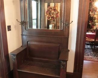 Solid Oak Bench Seat Late 1800s Hall Tree 42" W 6'10" H 18"D