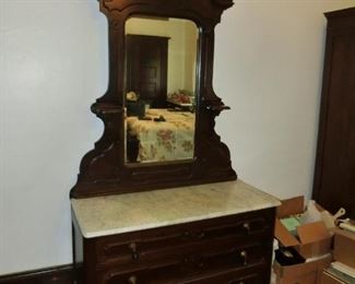 Walnut Victorian Marbletop Dresser (w/suite) 7'8"H 3'10"W 1.9"D Perfect Marble, Teardrop Pulls
