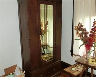 English Oak Wardrobe original mirrored door, Interior contains shelf and hanging rod. 6'5"H 3.3"W 1'6" D