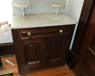 Walnut Victorian Washstand goes with suite. Perfect marble, teardrop pulls.