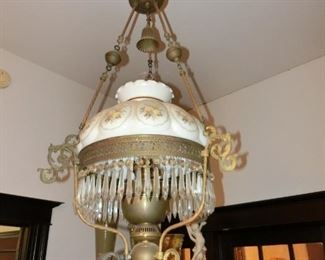 English Duplex Hanging Oil Lamp. All original Hardware to include Smoke Bell, Wonderful Victorian Era Light.