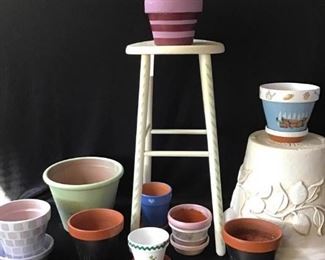 Handpainted Plant Stand and Terra Cotta Pots