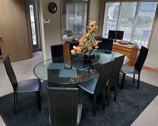 Contemporary Dining Room Table, Glass Top, Eight chairs