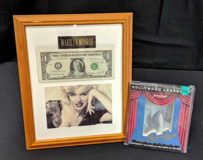 Marilyn Monroe Collectible Lot- One dollar bill with Marilyn in the center. Includes photo of Marilyn. All framed 8x10. Also includes 4 different holograms in a set.