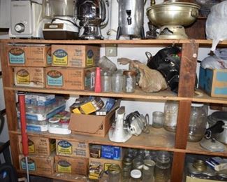 Mason jars and canning supplies in garage