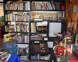 books, record albums (45, 78, vinyl and shellac-some one sided), reel to reel tapes, cassettes, VHS, DVD