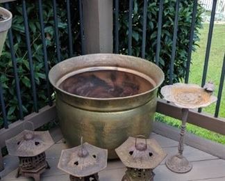 brass bowl, iron Chinese lanterns, iron birdbath