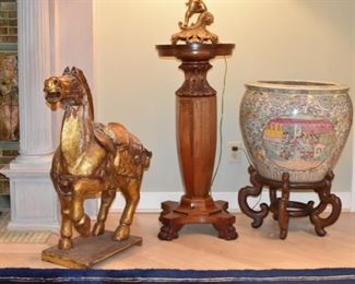 Antique Tang Dynasty Style Horse, Lamp Stand and Chinese Fish Bowl 