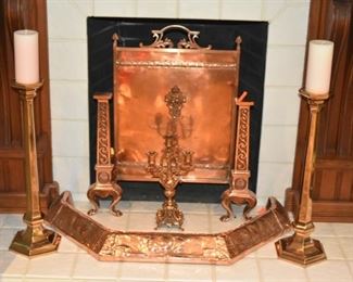 Copper Andirons, Screen and Runner with Tall Brass Alter Candle Holders