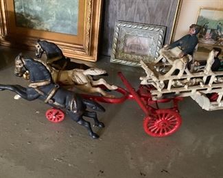 Cast iron horse drawn fire engine collectible