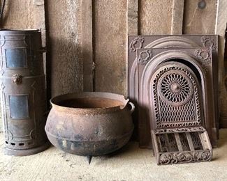 Antique Cast iron cauldron and fireplace covers 