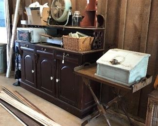 Buffet, tea table, vintage working fan, bread box, convection oven, crown molding , fireplace stoker set