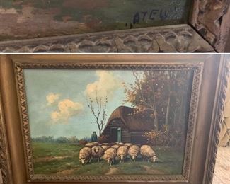 Framed and Signed original Art - Shepard and His Sheep Scene -Oil on board-20x26