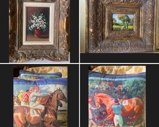 Framed original Art, and  Equestrian themed decorative pillow set
