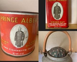 Vintage cigarette and tobacco tins, pin cushion