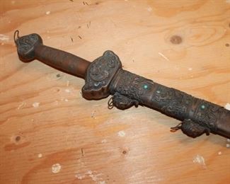 Antique Chinese ceremonial short sword w/ copper scabbard