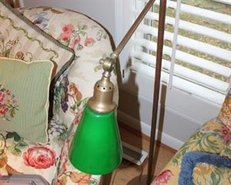 Vintage brass floor lamp w/ green glass shade