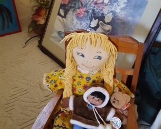 Child's rocker and vintage rag doll