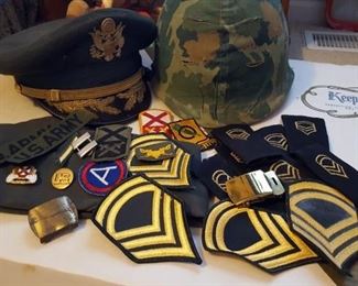 Military helmet, hats, and badges