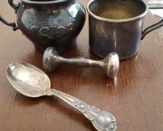 Baby cups, sterling rattle & spoon