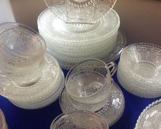 Huge set Depression era Sandwich glass-cups, saucers, lunch & dinner plates-serving pieces, relish, platters more