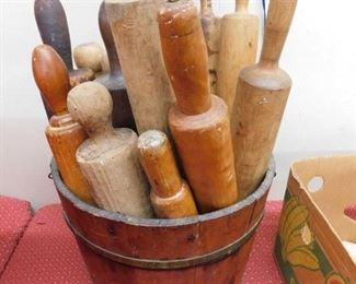 Wooden Bucket with Numerous Old Rolling Pins