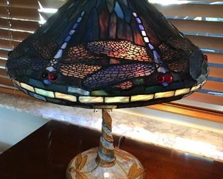 Tiffany style dragon fly lamp; exquisite lamp, beautifully done.