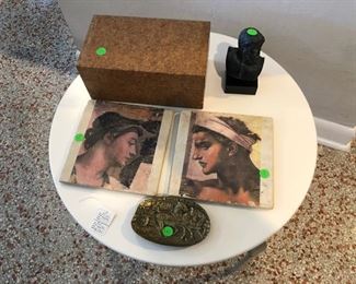 Cork remote box and decorative pieces, plus contemporary table.