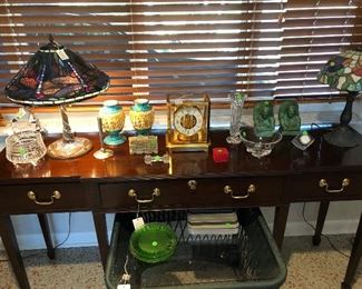 Hand crafted sideboard from Virginia; on table top is Steuben, Baccarat, Waterford, and antique Italian ceramics