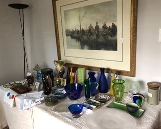 Hand painted engraving, framed. Assorted decorative pieces and floor lamp.