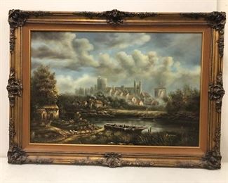 Antique oil on canvas river painting - beautiful and signed.