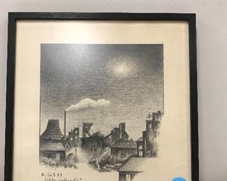 Fantastic industrial scene pencil drawing