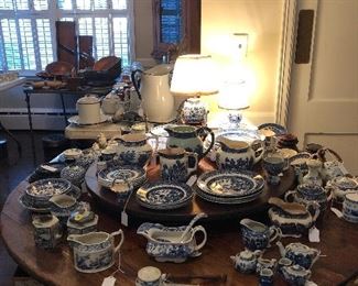 Many unique blue & white items, blue willow and other patterns as well, small adorable blue & white lamps