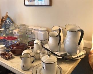 Enamel ware pitchers, platters, tea caddy, glass canister sets, porcelain canister set, adorable kitchen wall print