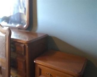 Full bedroom set, includes a headboard, dresser, and nightstand