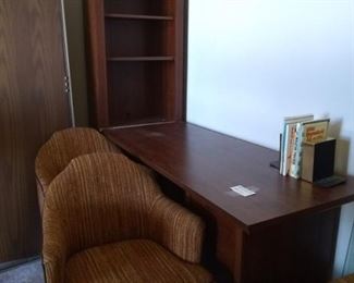 Corner Desk with hanging file drawer & 4 rolling chairs