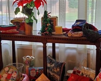 Sofa table and Christmas items 